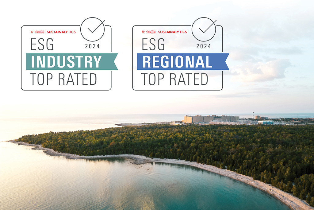ESG strong risk rating logo over a photo of the Bruce Power site.